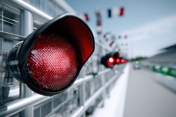 Poster - Close-up of red traffic light signaling stop at a modern race track with empty grandstand and blurred background for security and transportation safety