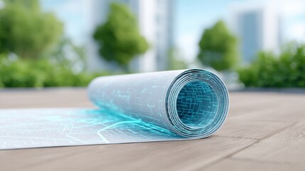 Poster - Scrolling blue architectural blueprint or technical drawing rolled up on a wooden surface outdoors with trees and buildings in background