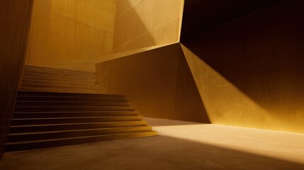 Aufkleber - Abstract modern architectural interior with golden metallic wall geometric shapes and a staircase leading upwards in minimalistic style