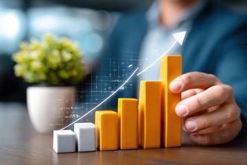 Aufkleber - Businessman with a suit presenting a growing bar chart with increasing yellow and white bars and an upward arrow on a wooden surface