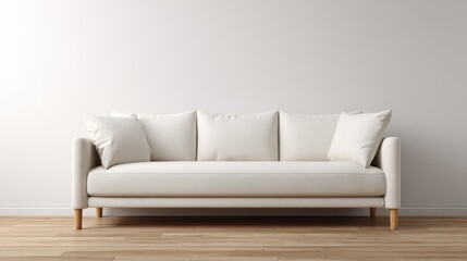 Poster - Modern minimalist white sofa with plush cushions and wooden legs in a bright living room setting, contemporary home furniture design