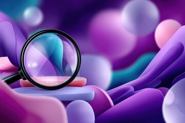 Poster - Abstract colorful bokeh background with magnifying glass highlighting glowing spherical shapes and fluid forms in vibrant purple and pink hues