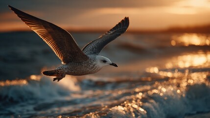 Poster - Seagull soa above ocean waves du sunset with golden light reflecting on water and sky creating a peaceful coastal scene