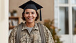 © Carmen - Young Caucasian female soldier with backpack and black graduation cap, GI Bill for college education