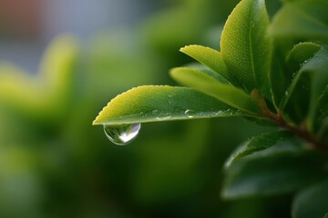 Aufkleber - Close-up of fresh green plant leaves with water droplets du early morning dew on a sunny day with vibrant natural background