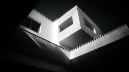 Poster - Modern minimalist white concrete building with geometric window shapes and angular lines in black and white architectural photography