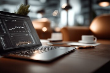 Leinwandbilder - Business Workspace with Laptop displaying financial graphs and analysis on a modern wooden table in a contemporary office setting