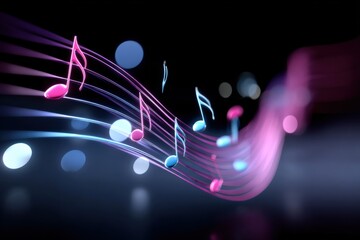 Poster - Vibrant abstract music notes and colorful waveforms flowing across a dark background with glowing bokeh effect and illuminated musical symbols