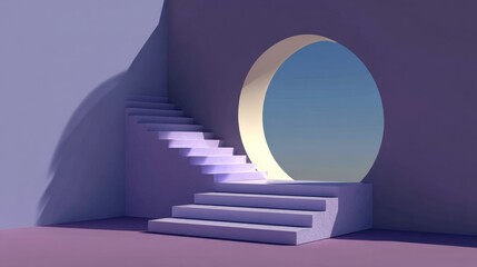 Poster - Surreal Minimalist Architecture with Circular Opening and White Stairs Leading to a Sky View in a Modern Abstract Space