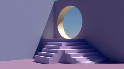 Poster - Modern minimalist architectural design with circular opening and pastel-colored staircase leading to the moonlit sky in a contemporary interior space