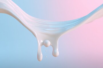 Poster - Close-up of flowing white liquid in motion with glossy smooth texture and pastel pink and blue background, abstract splash design