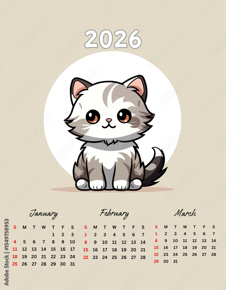 2026 Calendar on white background. Cover design template of calendar