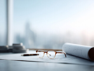 Poster - Architectural drawings with glasses and pen, representing vision, design, and planning. Ideal for construction, engineering, or creative design concepts. Soft focus background.