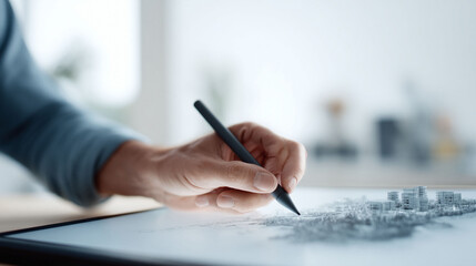Poster - Architects hand drawing a city plan on a digital tablet. Concept for urban planning, design, technology, architecture, future, and innovation. Highkey, modern.