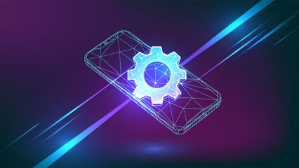 Fototapete - Mobile App Development Repair Gear Smartphone Technology Abstract Network Glitch Art Design