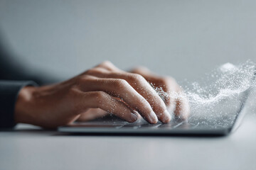 Poster - Closeup of hands typing on a laptop keyboard with glowing digital network overlay. Represents connectivity, innovation, technology, and modern business.