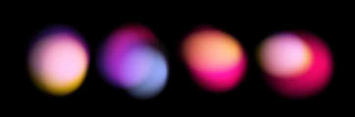 Poster - Vector illustration of blurred, glowing spheres in pink, yellow, blue, and purple on black, using a trendy vaporwave/gradient style, popular in digital art for backgrounds and light effects.