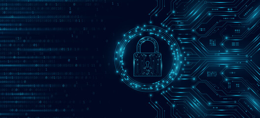 Poster - Cybersecurity background featuring a digital lock icon with glowing blue circuit board pattern and electronic elements. Futuristic UI design for data encryption and information security. Vector.