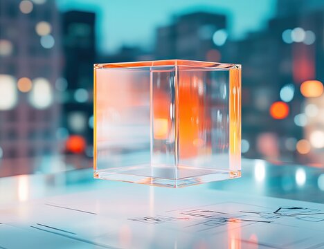 Transparent cube, city lights bokeh, abstract design
