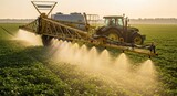 Modern agricultural tractor with a wide sprayer boom applying liquid to a green crop field at sunrise