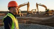 © Meow Creations - Male construction worker in orange hard hat and safety vest at large building site with excavators