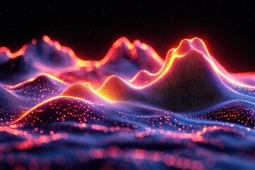 Poster - Abstract Glowing Blue and Red Mesh Terrain Landscape