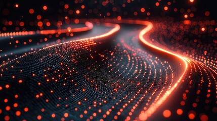 Poster - Abstract Glowing Neural Path: Red and Orange Wave Structure