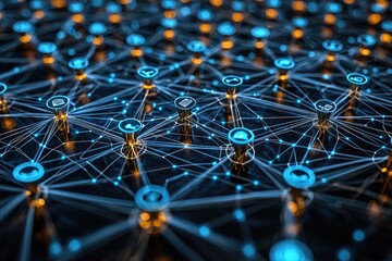 Fototapete - Abstract Network Visualization with Glowing Blue and Gold Nodes