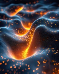 Poster - Abstract Neural Network Visualization with Undulating Blue and Orange Glowing Particles