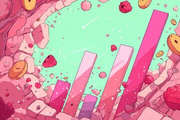 Fototapete - Graphical representation of growth surrounded by colorful fruit elements in a playful digital landscape