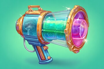 Poster - Colorful futuristic handheld device with glowing elements and metallic accents displayed against a vibrant background