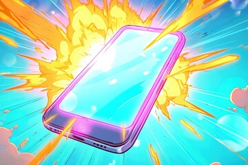 Fototapete - Smartphone explodes in colorful display with bright light and dynamic energy in a vibrant animation style