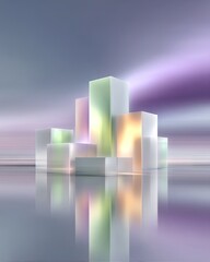 Poster - Abstract Pastel Cityscape with Glowing Cubes