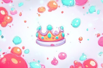 Poster - Colorful crown surrounded by playful bubbles in a whimsical digital artwork setting