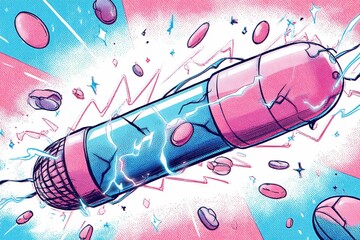 Poster - Colorful capsule with lightning effects surrounded by floating pills and sparks in a vibrant digital artwork
