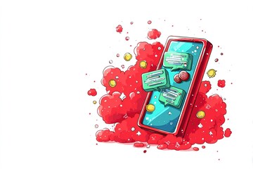 Poster - Creative digital illustration of a smartphone surrounded by vibrant red clouds and message bubbles