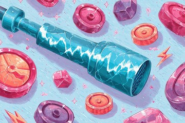Poster - Colorful graphic featuring a microphone surrounded by shiny gems and weights in a whimsical design