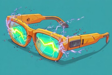 Fototapete - Futuristic sunglasses with electric effects and vibrant design on a teal background highlight creative artwork
