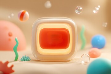 Poster - Colorful abstract composition featuring a glowing rectangular shape surrounded by playful shapes and bubbles