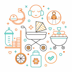 Poster - Simple line icons for parenting and baby care featuring a stroller