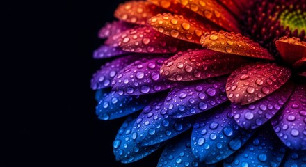 Wall Mural - Macro shot of vibrant, colorful flower petals covered in glistening water drops, showcasing intricate beauty.