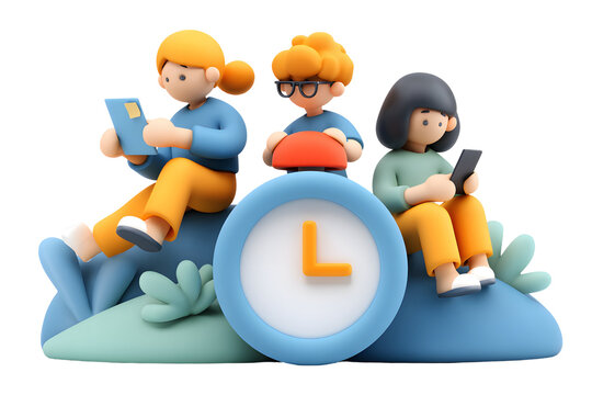 Cartoon rendering of people using devices around a clock symbolizing efficient time management