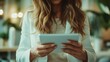 © svastix - A woman gently holds a tablet in a stylish indoor space, symbolizing modern lifestyle, connectivity, and the blend of technology with everyday life.