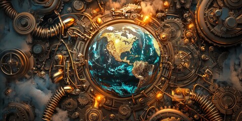 Steampunk-style Earth with metallic continents, gears, and glowing steam pipes