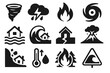 © Bohdan - Set of natural disaster icons: tornado, tsunami, earthquake, wildfire, hurricane, volcanic eruption