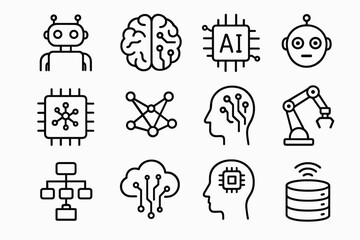 Ai and robotics icon set: robots, brain, ai, processor, network
