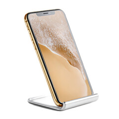 Poster - Elegant smartphone on a sleek silver stand with a stunning golden and beige screen displaying a vivid abstract background