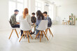 © Studio Romantic - Psychological support meeting, business group counselor, therapist coach psychologist speaking counseling on therapy session to support patients in addiction talk, share problem sitting in circle