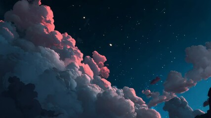 Wall Mural - Majestic night sky with pink clouds and twinkling stars in celestial movement