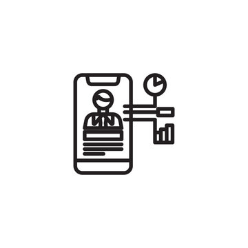 A line art icon shows a smartphone displaying a user profile with text. Connected to the phone are a circular icon and a bar chart, symbolizing mobile data analytics, personal insights.
